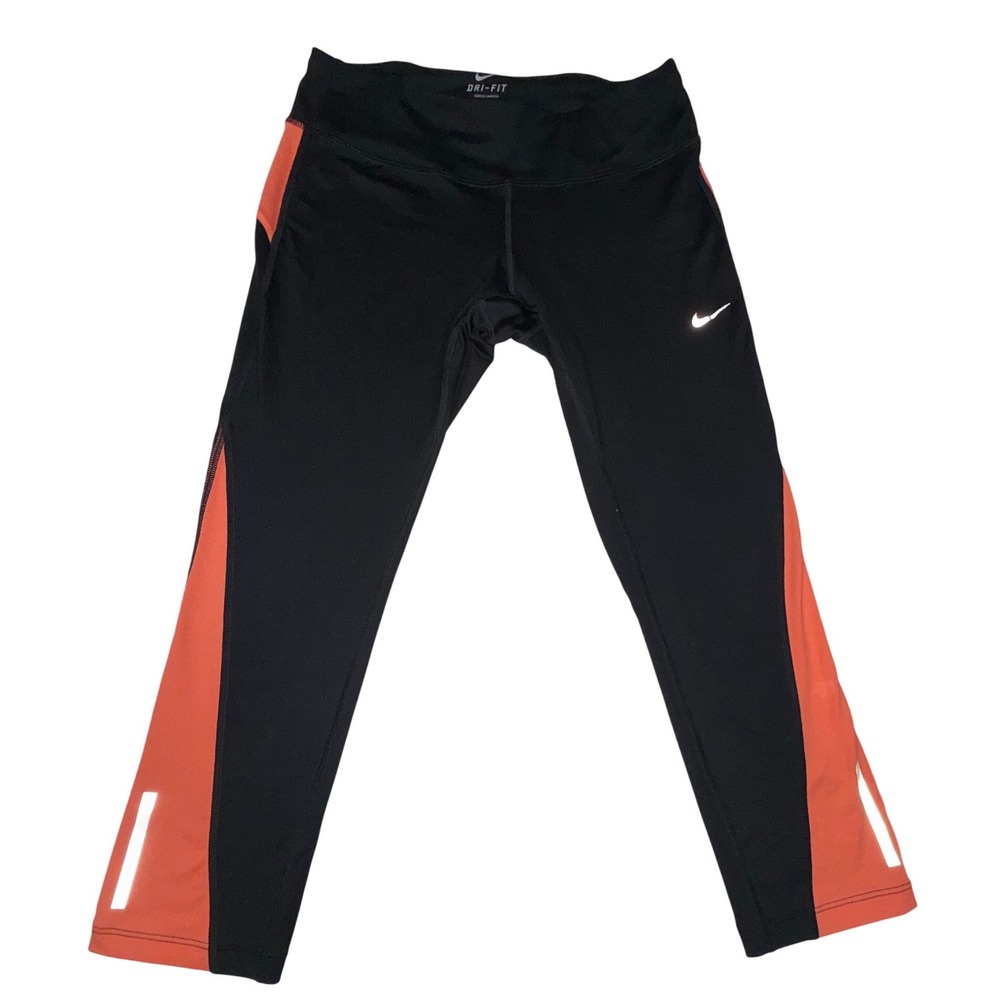 Nike Dri-FIT Crop Running Tights Womens M Black Orange Reflective Zip Pocket